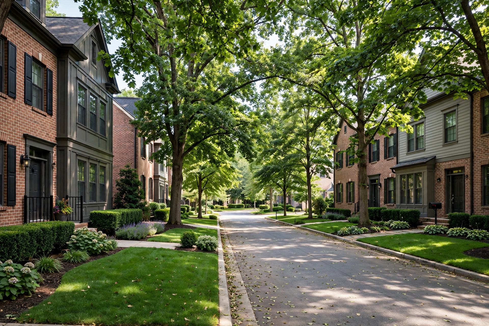 Tree-lined townhome street in Arundel Preserve, Hanover, MD