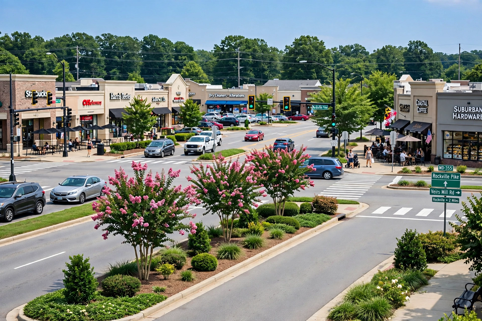 Tree-lined commercial street in Hanover Crossing, Hanover, MD