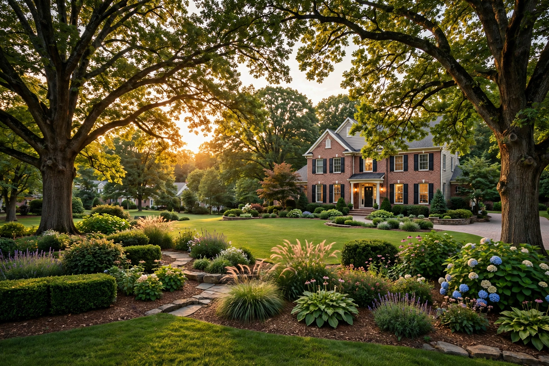 Mature trees and landscaped property in Hanover, MD at golden hour