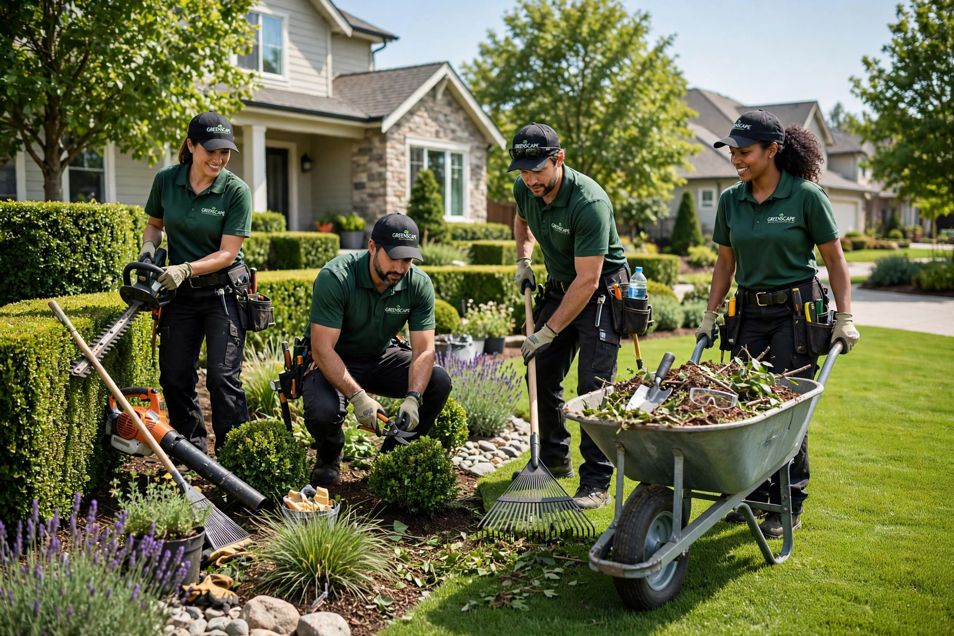 Maintenance crew caring for a pristine garden in Hanover, MD