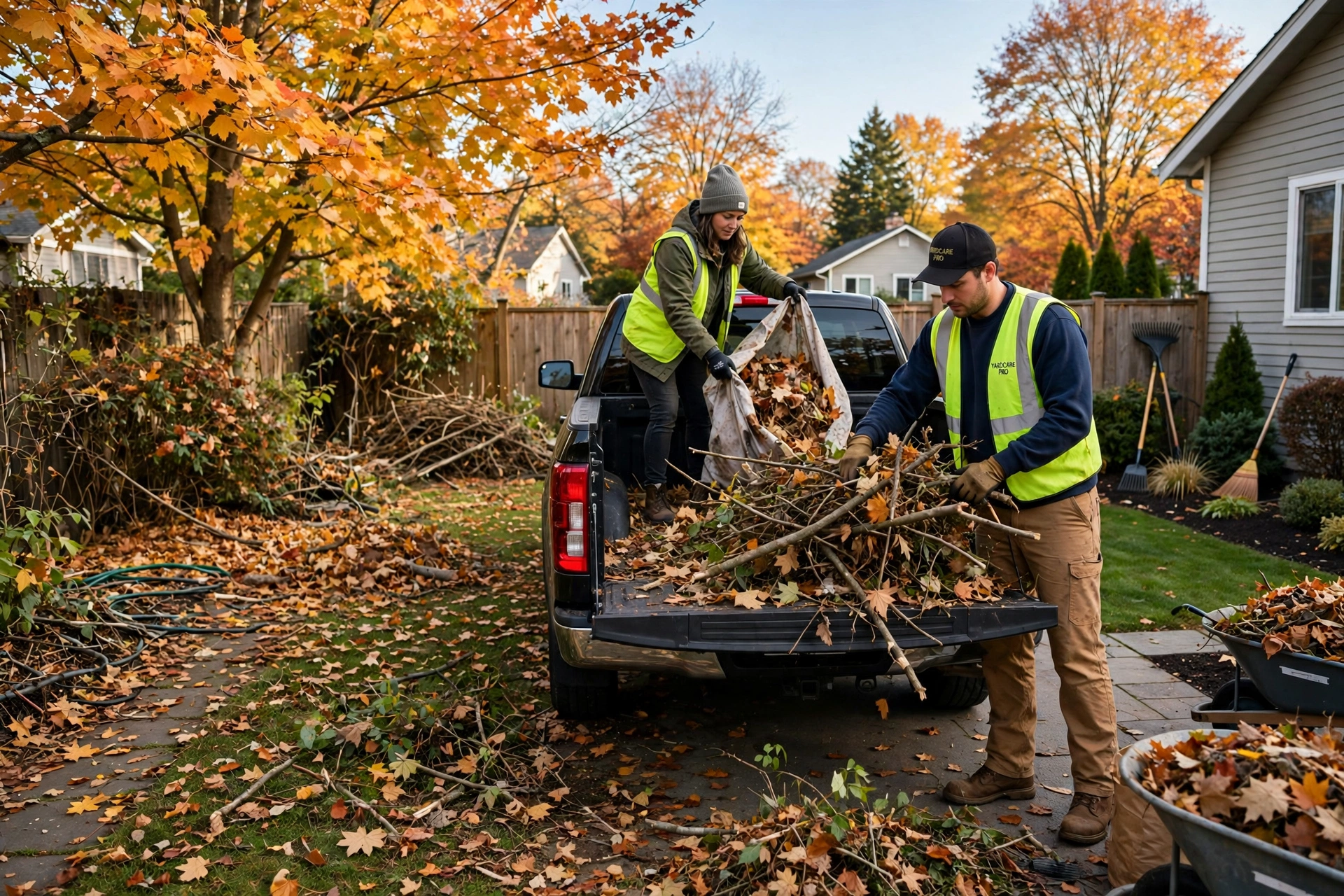 Yard clean-up crew clearing leaves and branches in Hanover, MD