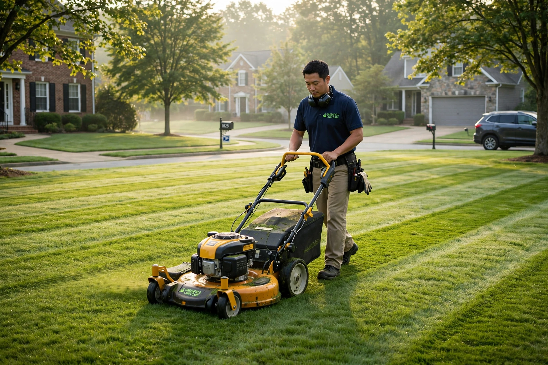 Lush striped lawn being mowed in Hanover, MD