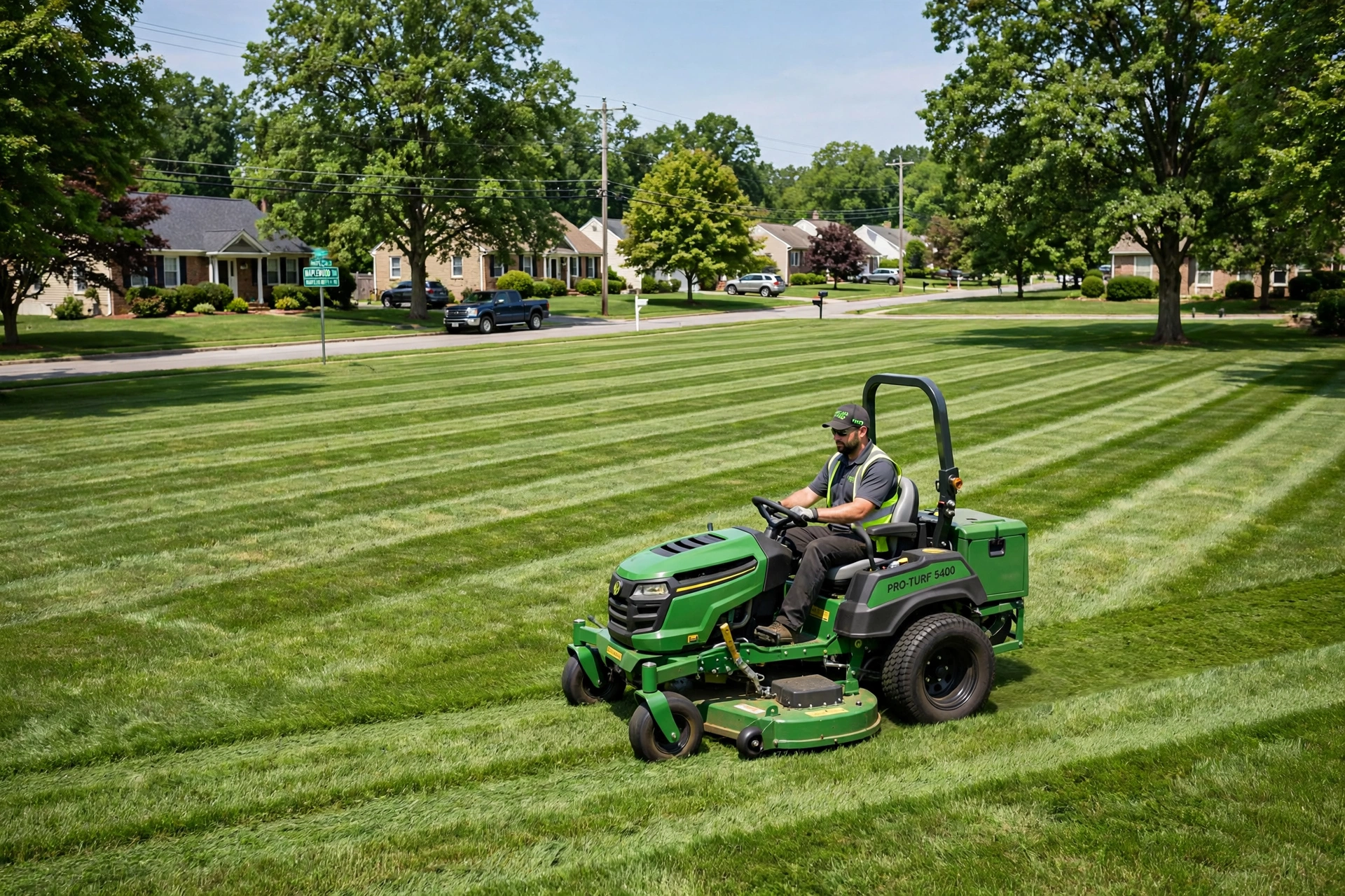 Professional mower cutting neat stripes on a Hanover lawn