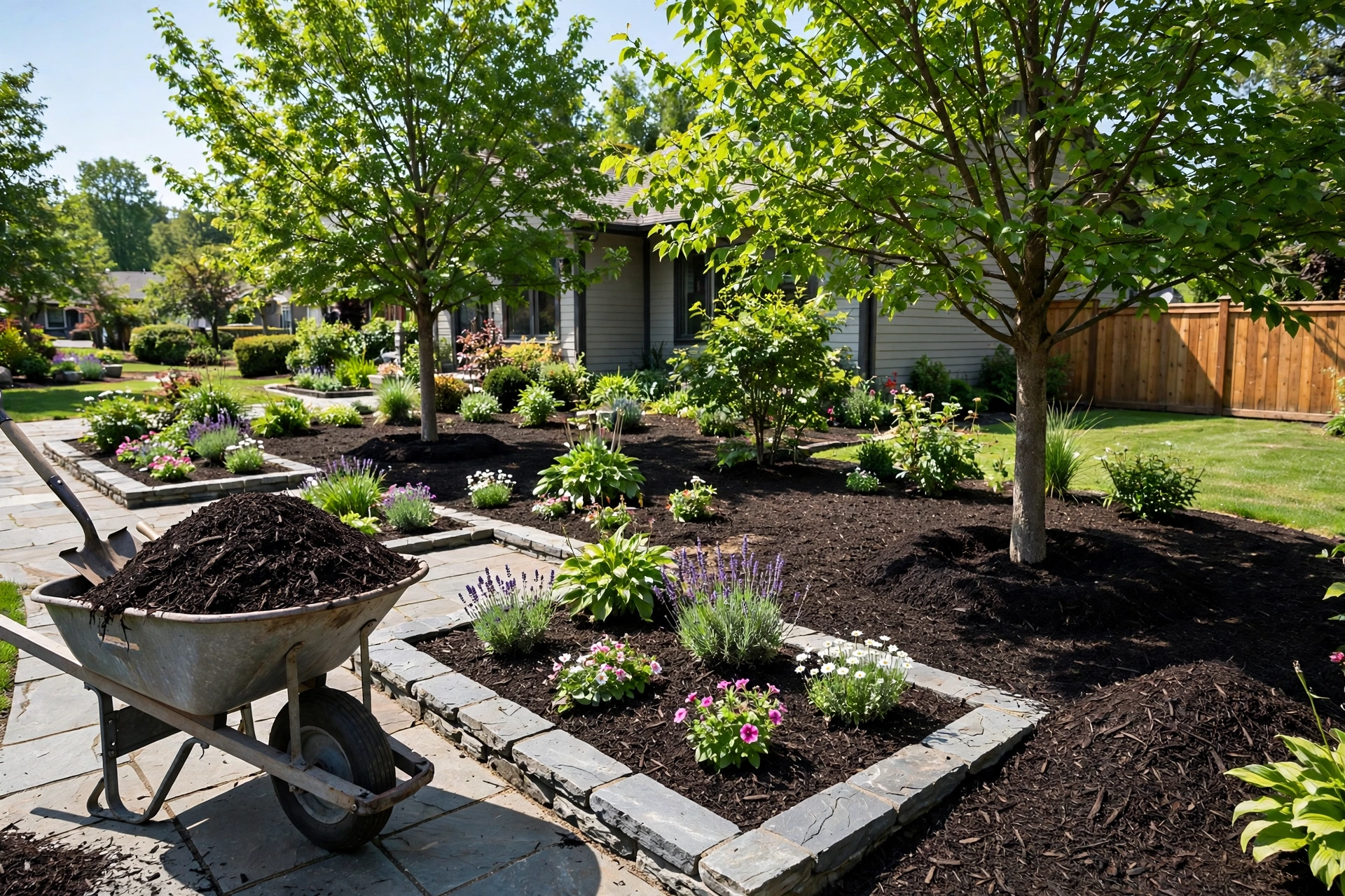 Fresh mulch spread around garden beds in Hanover, MD