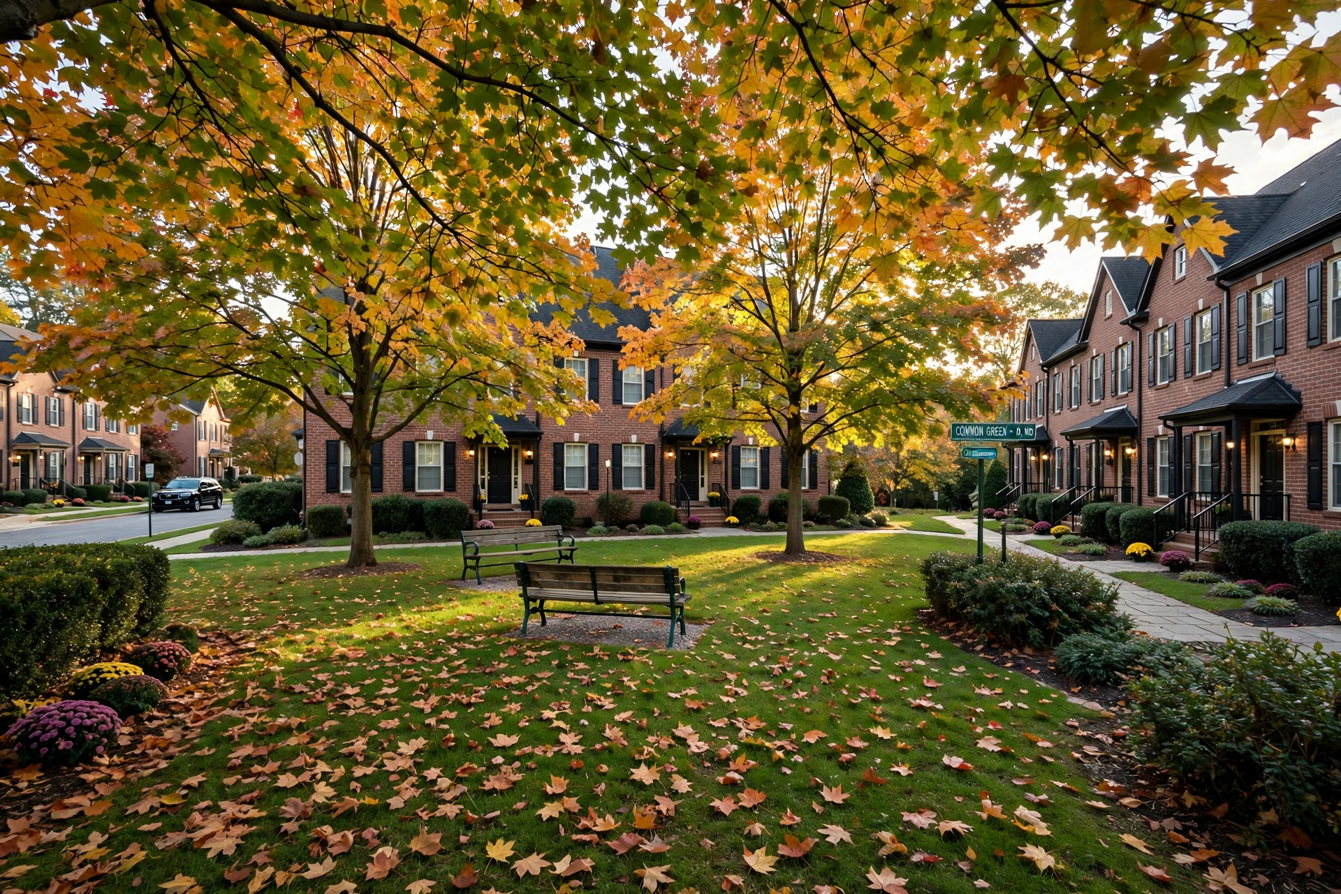 Leafy square with townhomes in Oxford Square, Hanover, MD