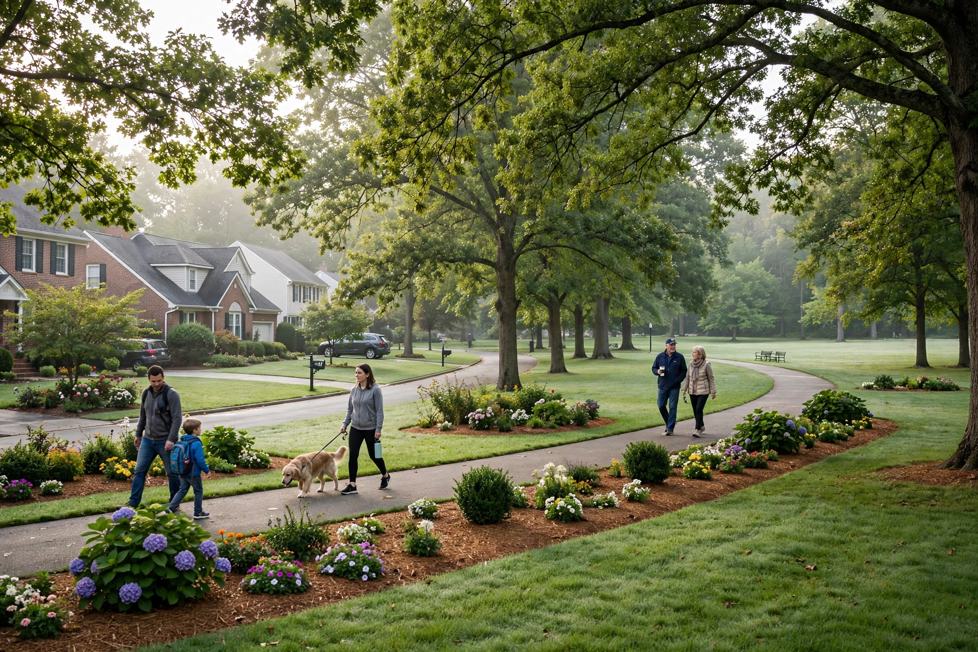 Park-side neighborhood with green lawns in Parkside, Hanover, MD