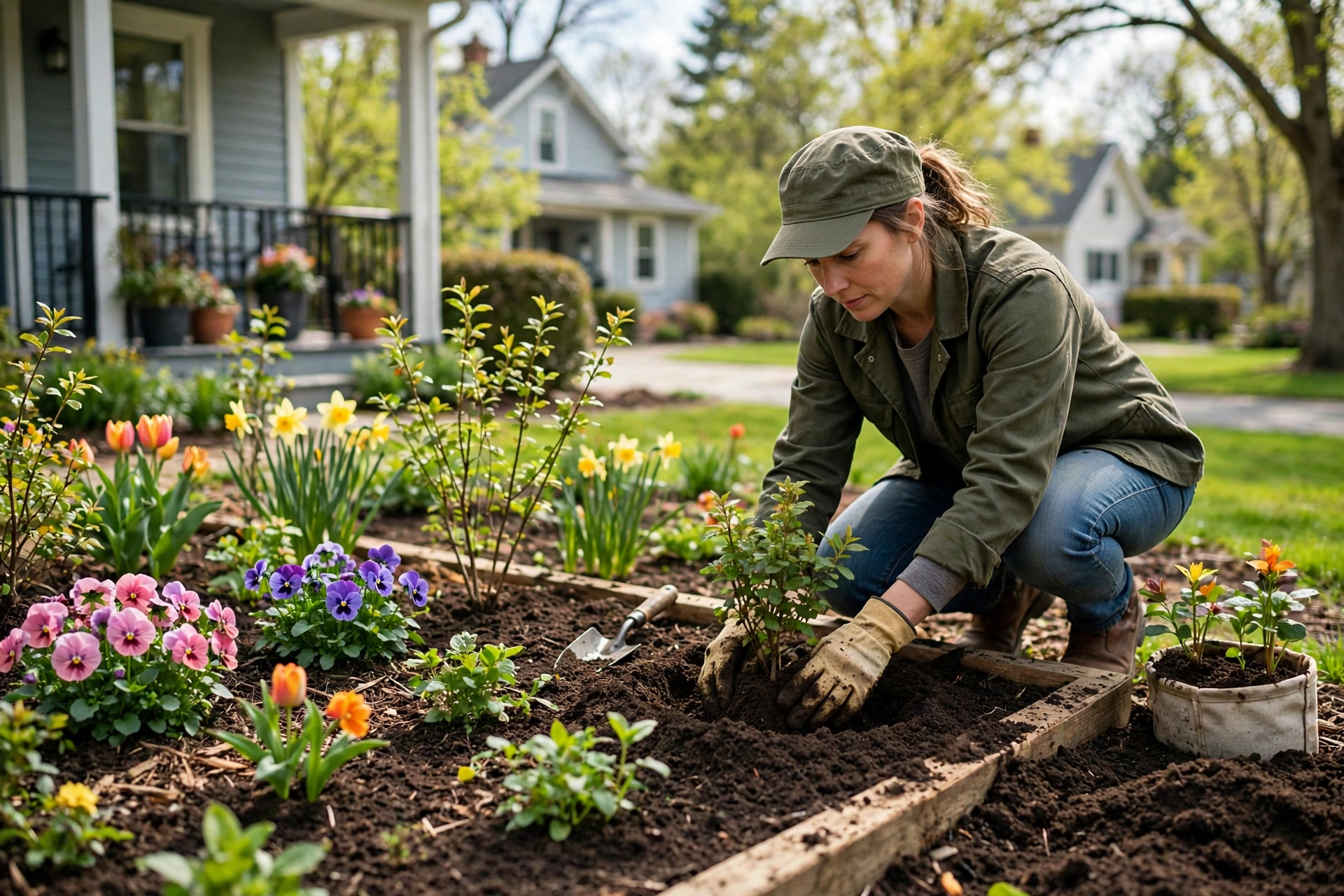 Planting colorful flowers in a prepared garden bed in Hanover, MD