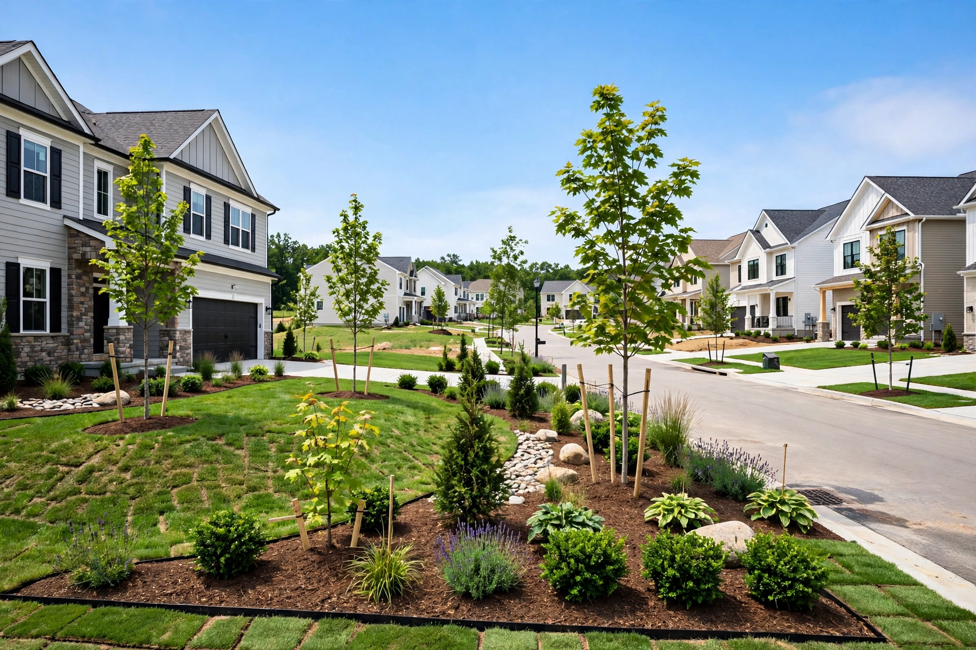New homes with fresh landscaping in Shipley Homestead, Hanover, MD