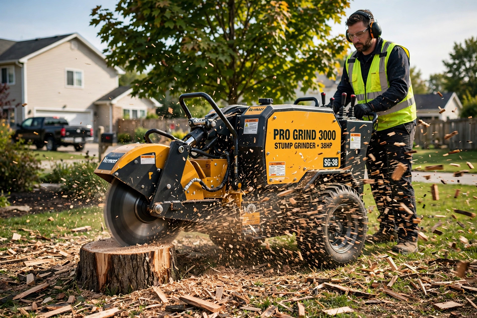 Stump grinding machine removing a tree stump in Hanover, MD