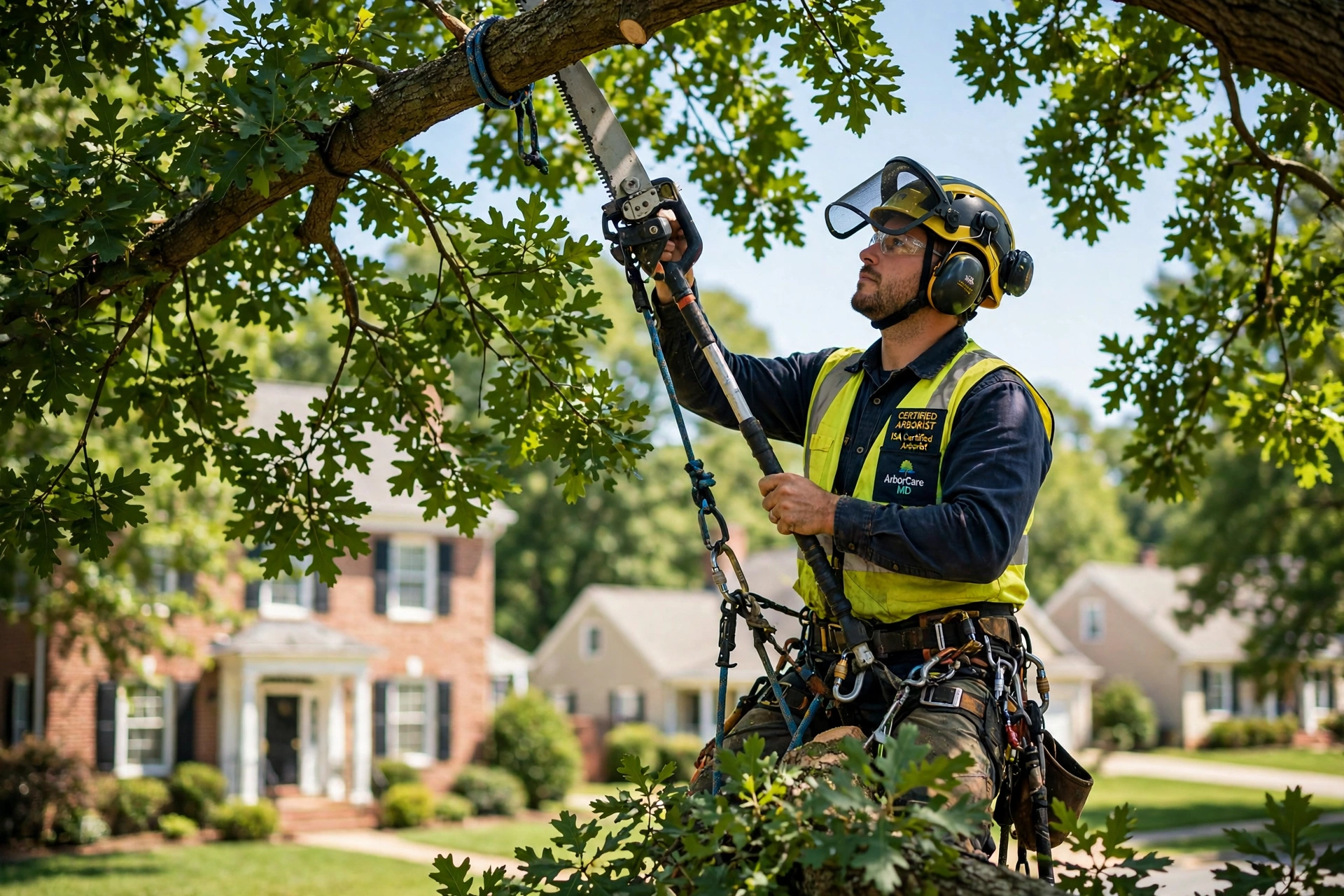 Certified arborist trimming a large oak tree in Hanover, MD