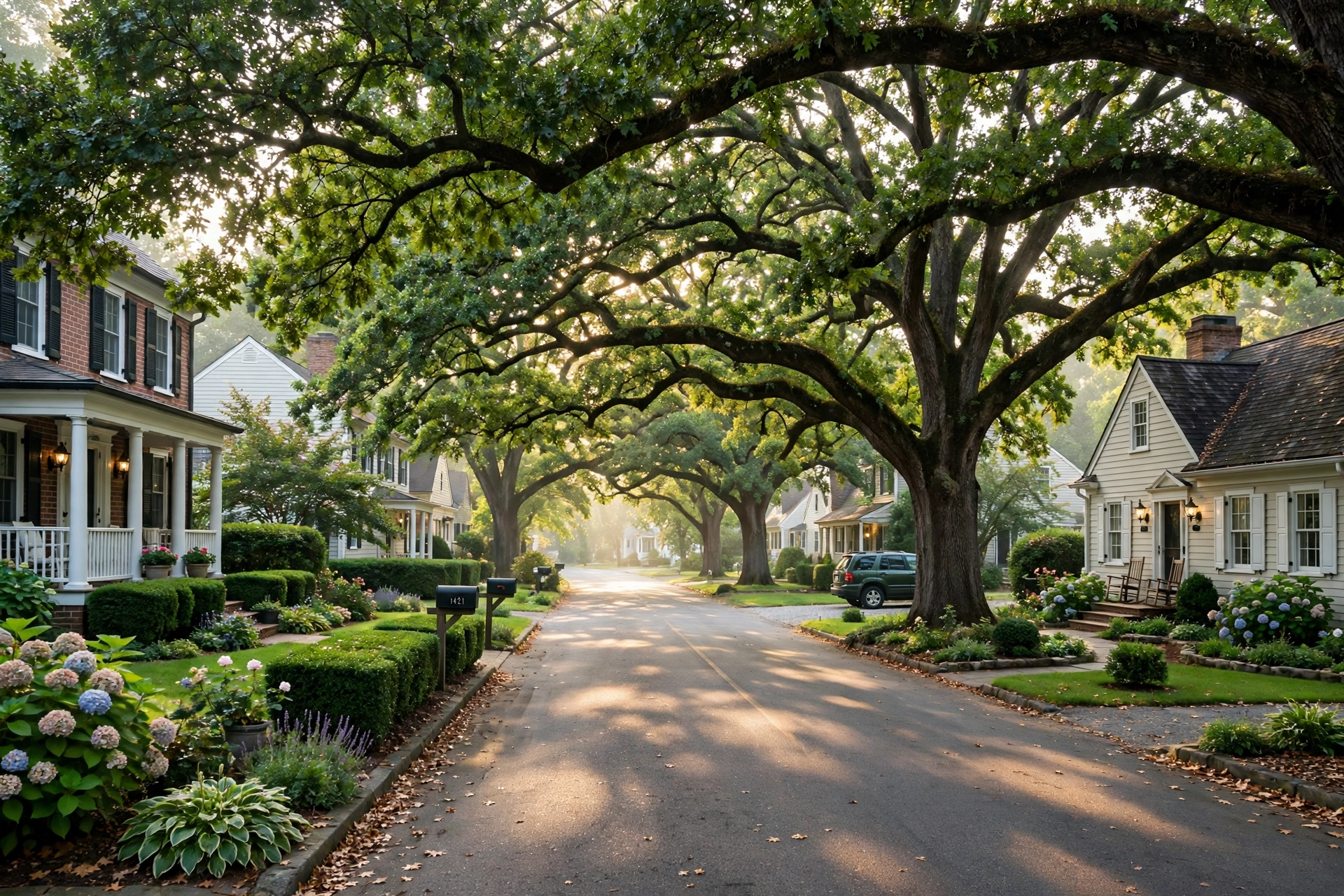 Oak-lined village street in Villages of Dorchester, Hanover, MD